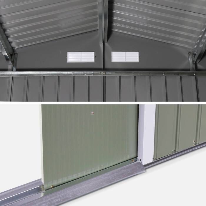 Casinha de jardim metálica - FERRAIN 5,29m² verde e branca - Casinha para ferramentas com duas grandes portas de correr. Kit de fixação.