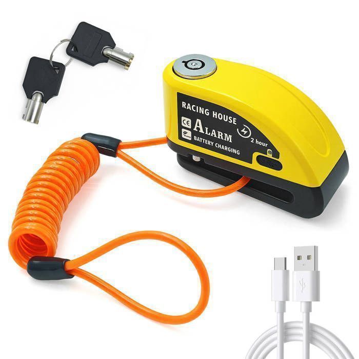 Motorcycle Disc Lock with 110dB Alarm, Reinforced, Waterproof, 1.2m Reminder Cable, 2 Security Keys, 7mm Universal for Motorcycles, Scooters, and Bicycles