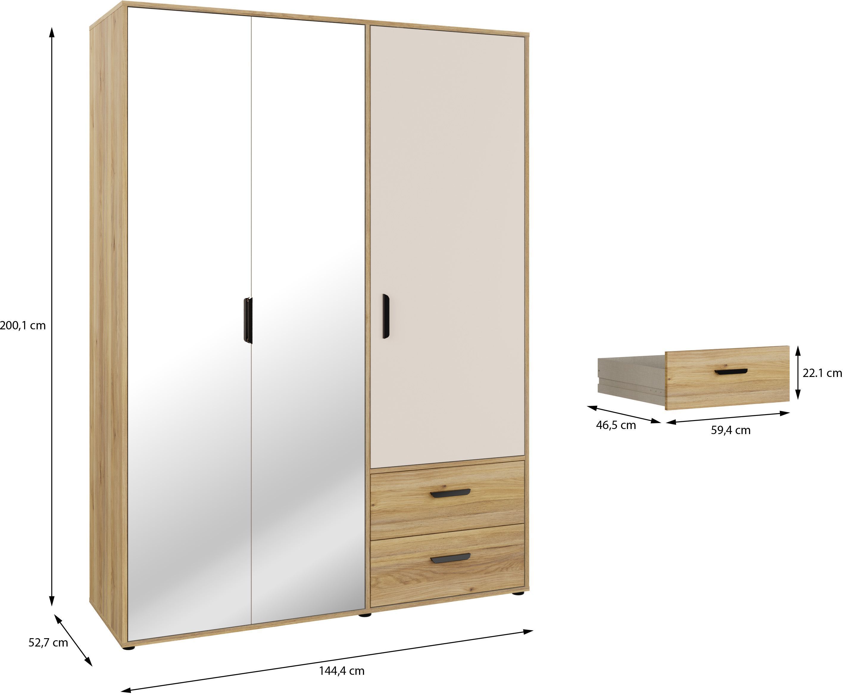 Armoire de chambre - MOKKARO - Décor Chêne et sable - 3 portes battantes - 2 tiroirs - 2 miroirs - L144,4 x P52,7 x H200cm