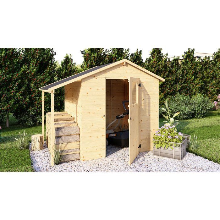 Casetta da giardino in legno con tettoia - Pino non trattato - 2,96 m² (casetta) + 0,88 m² (tettoia) - Pannelli da 12 mm