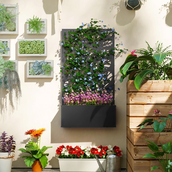 Macetero con pantalla de privacidad/enrejado - Outsunny - Caja de flores - Dimensiones: 61 cm de largo x 23 cm de ancho x 113 cm de alto