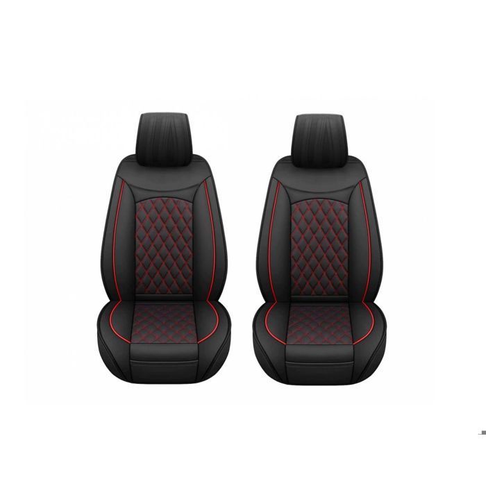 2 fundas universales de lujo para asientos delanteros de coche (1+1), de piel sintética negra con costuras rojas en forma de diamante.