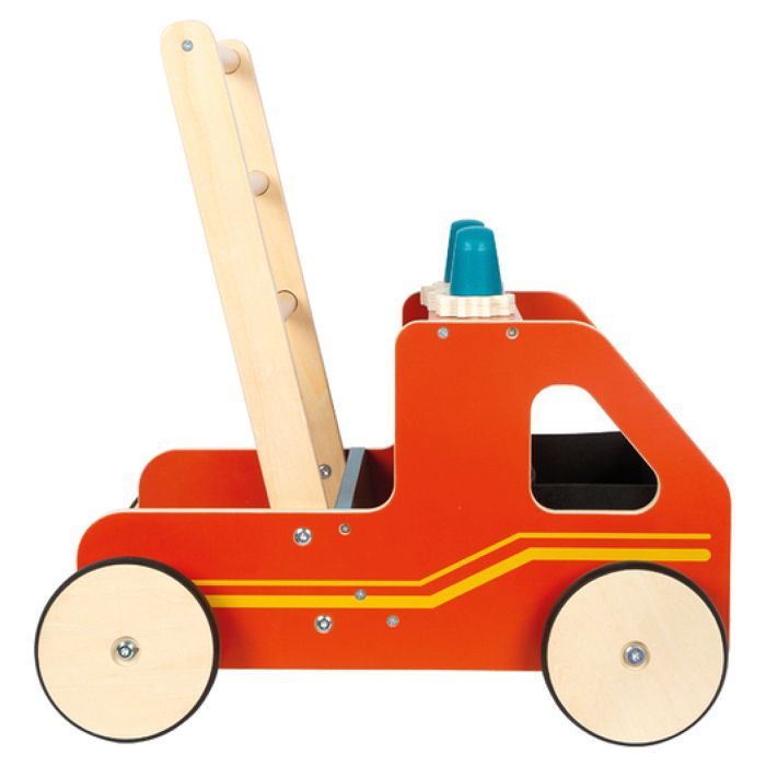 Houten looprek - Small Foot Company - Brandweerlieden - 12 maanden - Vilten mandje - Ingebouwde rem