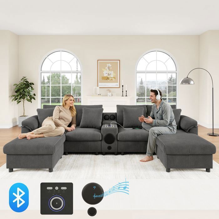 Modulares Ecksofa aus grauem Cord mit Bluetooth-Lautsprecher und Konsole, 6-Sitzer-Sofa mit USB-Anschluss und Kissen, Grau