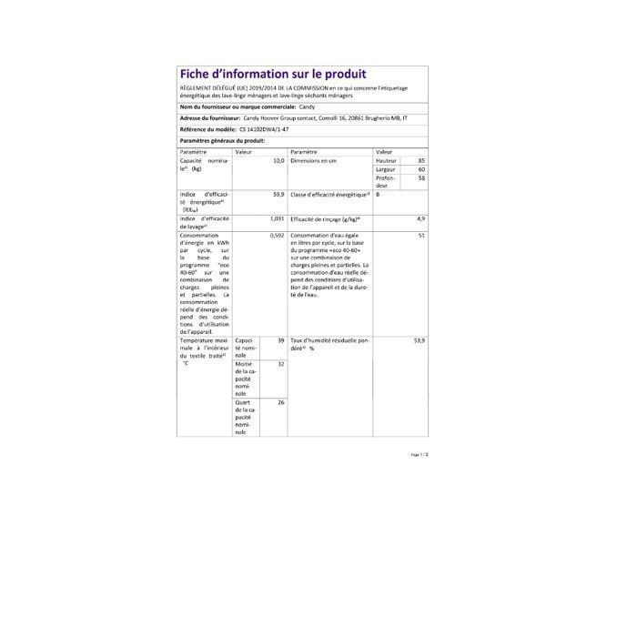 Lavatrice a carica frontale CANDY CS14102DW4/1-47 bianca - 10 kg - 1200 giri/min - 79 dB