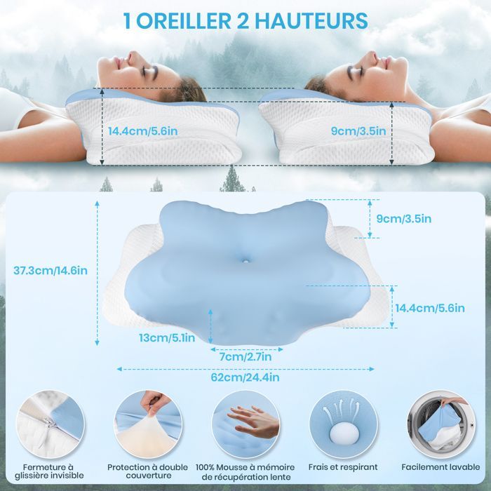 Almohada cervical ergonómica, almohada de cuello de espuma viscoelástica con funda de seda helada, 62 x 37,3 x 14,4/9 cm, azul.