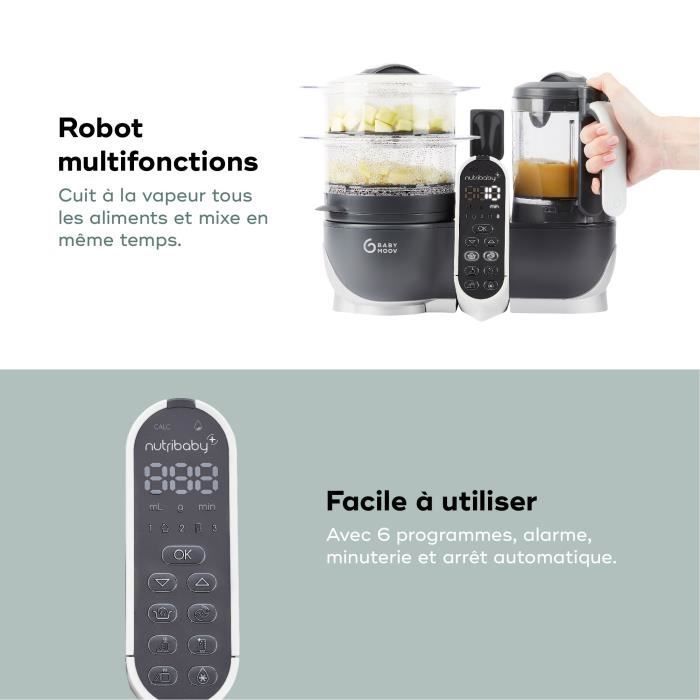 Babymoov Nutribaby(+) Robot da cucina per alimenti per neonati - 6 in 1 - Vaporiera/Frullatore - Grande capacità 2,2 litri, Grigio