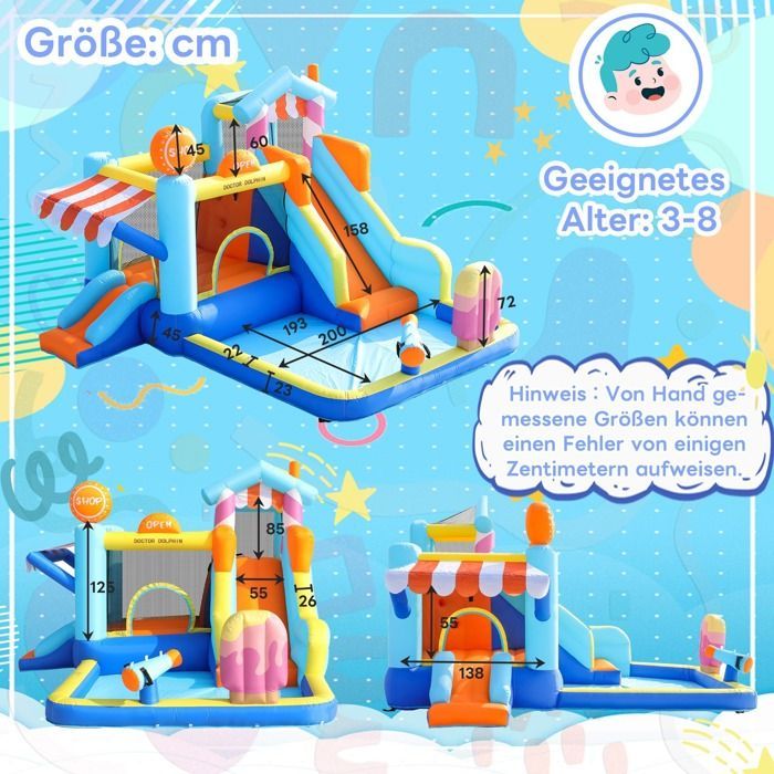 Château gonflable pour enfants, parc aquatique extérieur + trampoline, toboggan, fontaine, magasin de pistolets à eau, auvent