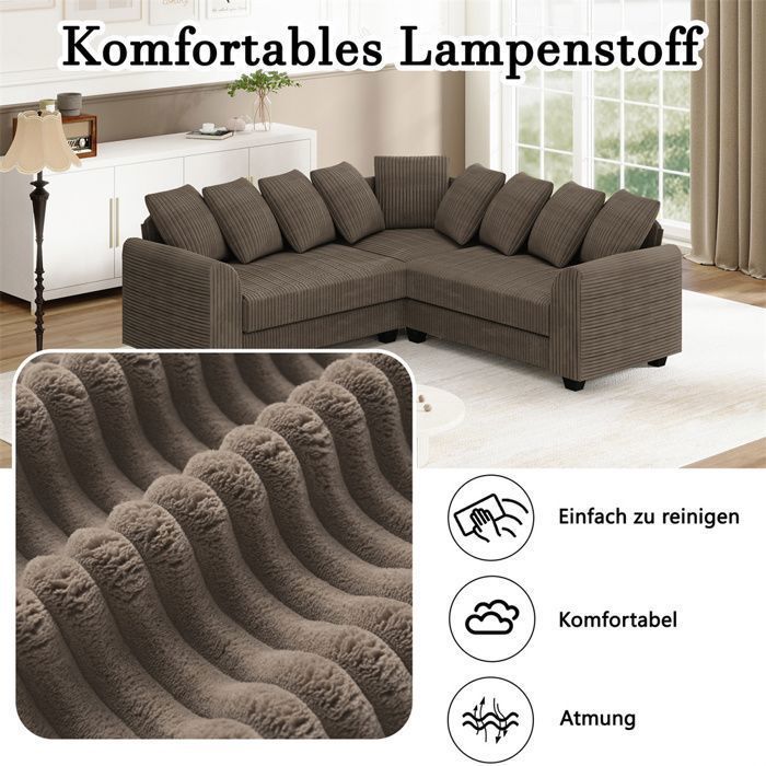 DRIPEX Grand canapé d'angle 6 places en velours côtelé,Canapé modulable en forme de L avec 9 oreillers pour le salon,bureau,Marron
