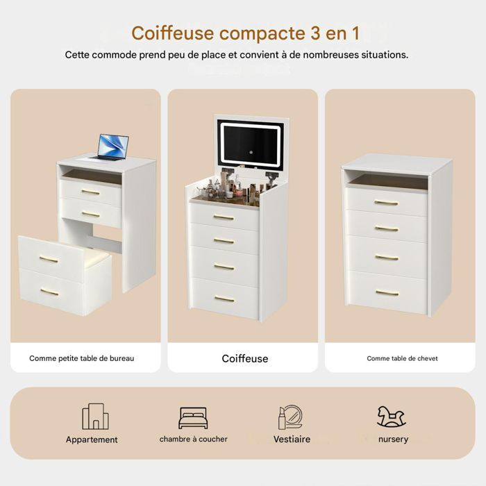 POCKETPOP Coiffeuse avec miroir et led, petit coiffeuse, 3 Tiroirs de Rangement, Style moderne, Blanc