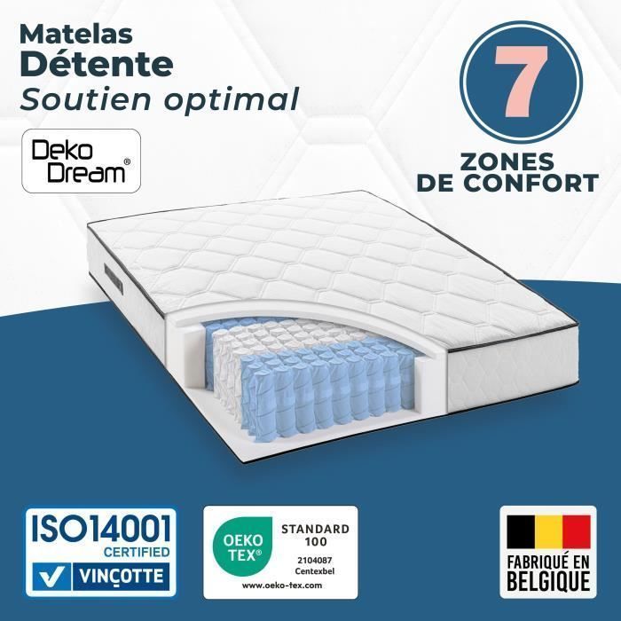 Mattress 140 x 200 cm - Height 27 cm - 580 pocket springs - 7 zones - Balanced - Reversible - Made in Belgium - DEKO DREAM