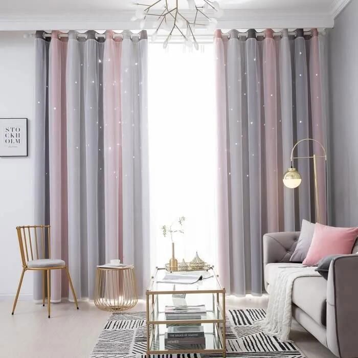 Set di 2 pezzi - Tende oscuranti a doppio strato per camera da letto o soggiorno, con stelle traforate in una semplice sfumatura, 100x250 cm - Grigio