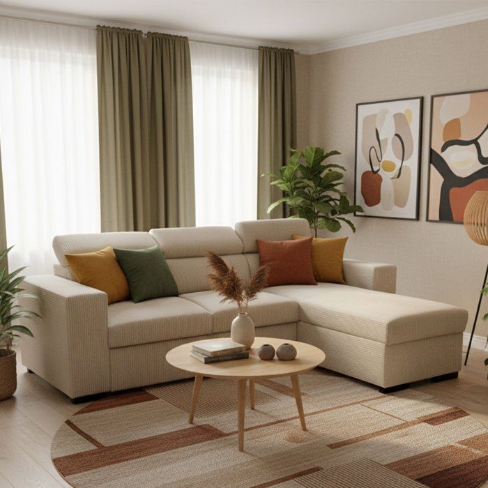 Wendbares Ecksofa mit Schlaffunktion – 4-Sitzer – VICOMTE – Beige Cord – Staufach – 237 x 167 x 88 cm