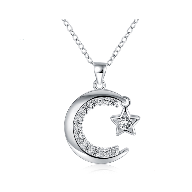 Collier pendentif pour femme, motif lune et étoile, en cuivre plaqué argent. Bijou neuf à offrir à votre copine.