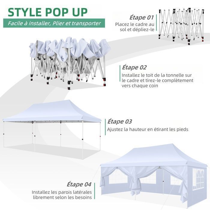 Cenador plegable de 3x6 m, carpa de jardín impermeable para exteriores, carpa para fiestas con 6 paneles laterales, protección UV 50+, color blanco.