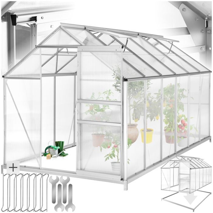 Garden greenhouse - TECTAKE - Outdoor polycarbonate greenhouse, 11.13 m³ surface area, sliding door, 185 x 375 x 195 cm with foundation