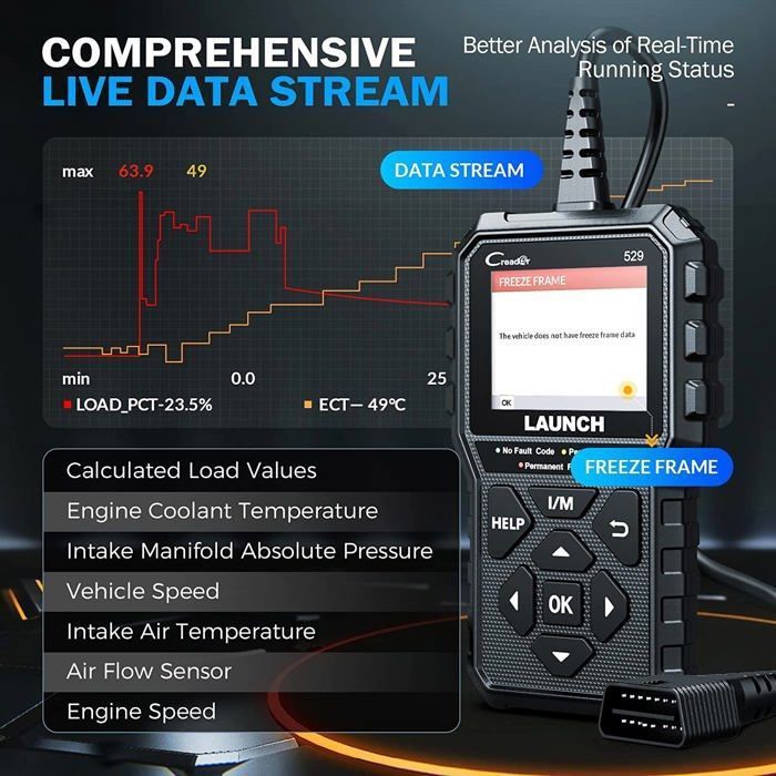 LAUNCH CR529 OBD2-scanner, Frans autodiagnoseapparaat, geavanceerde versie van de CR319 met AutoVIN en DTC-opzoekfunctie.