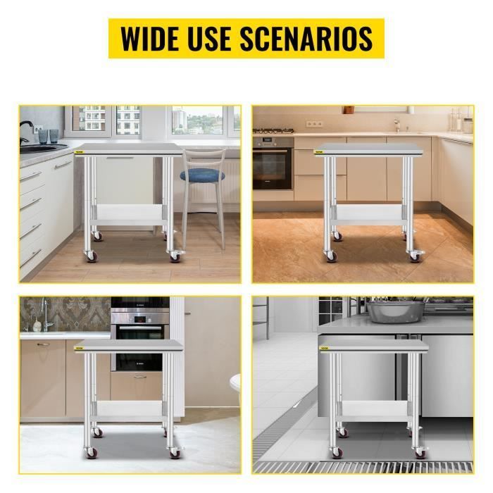 Mesa de trabajo de cocina con ruedas - VEVOR - 76x61CM en acero inoxidable - Capacidad de carga 130 kg