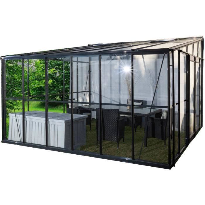 Invernadero/jardín de invierno gris de 12 m² con base adosada.