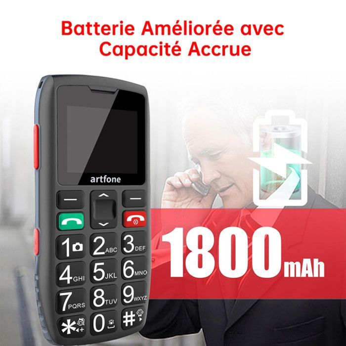 Artfone C1 4G Téléphone Portable Pour Senior - Grandes Touches - Bouton SOS pour Personnes âgées - 1.8
