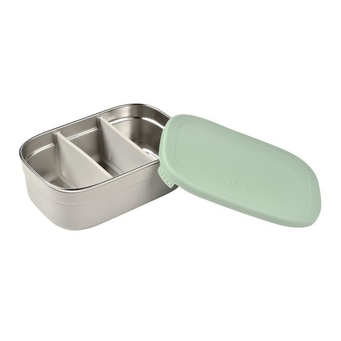 BEABA, portapranzo per bambini in acciaio inox con coperchio in silicone e copertura protettiva, grigio velluto e verde salvia