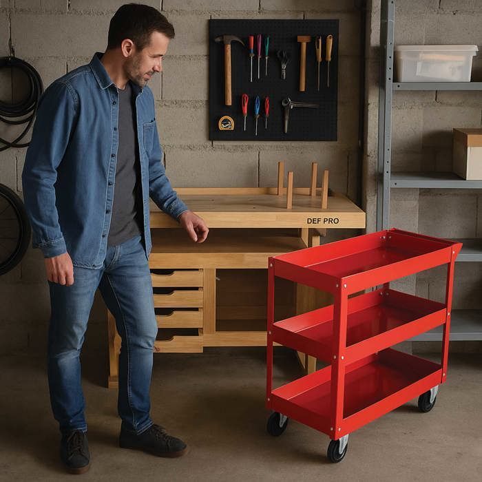 Juego completo para taller: carro de herramientas de 3 niveles + banco de trabajo de madera de 4 cajones