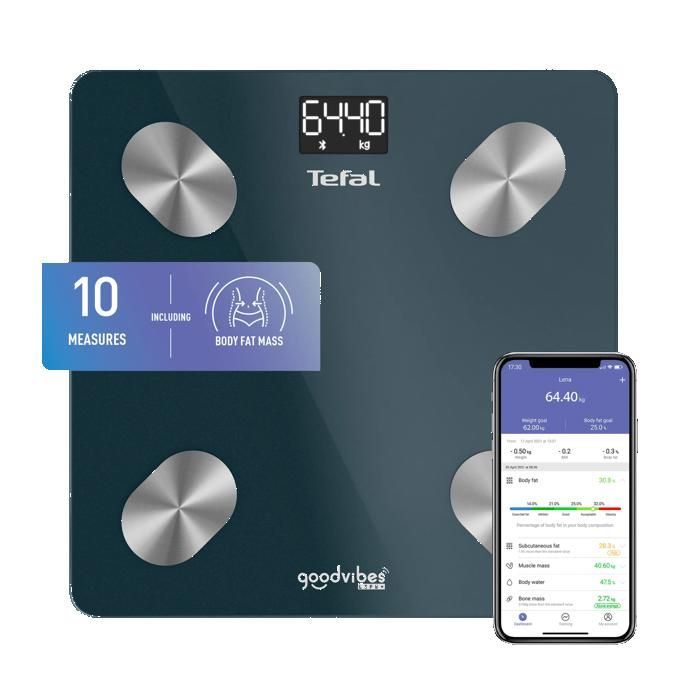 Tefal Connected Waage mit 10 Körperzusammensetzungsanzeigen, 180 kg Tragkraft, BM9620S1