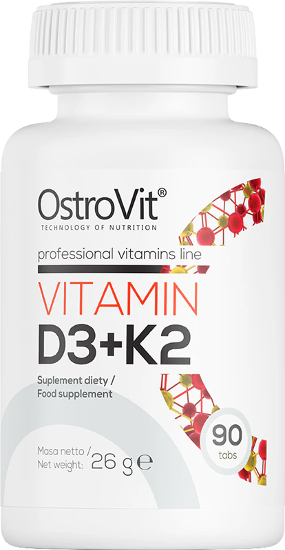 Comprimidos de suplemento alimentar OstroVit com vitaminas D3 e K2 para auxiliar na saúde óssea e dentária.