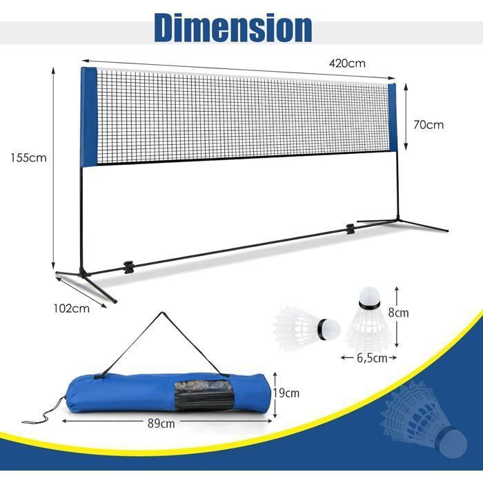 COSTWAY Draagbaar Badmintonnet 420x102x89-155cm - Verstelbare hoogte - 2 shuttlecocks - PE - Opzetten in 5 minuten - Opbergtas - Blauw