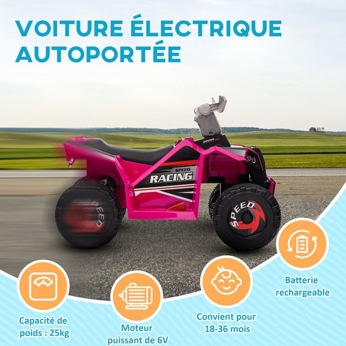 Quad eléctrico HOMCOM para niños, vehículo con batería de 6 V, marcha adelante y atrás, 70 cm de largo x 41,5 cm de ancho x 48,5 cm de alto, color rosa.