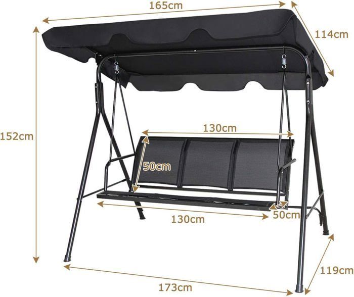 Columpio de jardín GOPLUS de 3 plazas, 170x120x153 cm, con toldo ajustable, tejido Textilene/estructura de acero, negro.