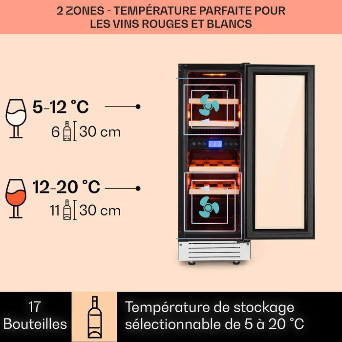 Klarstein Vinovilla 17 Dual-Zone Refrigerated Wine Cooler, 53 Liters / 17 Bottles - 4 Wooden Shelves - White