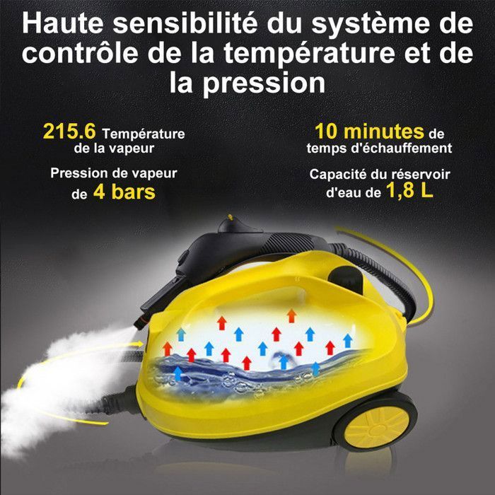 Pulitore a vapore da 2000 W con 14 accessori, pressione del vapore: 4 bar, capacità del serbatoio: 1,8 L, tempo di riscaldamento: 30 sec, autonomia: 45 min