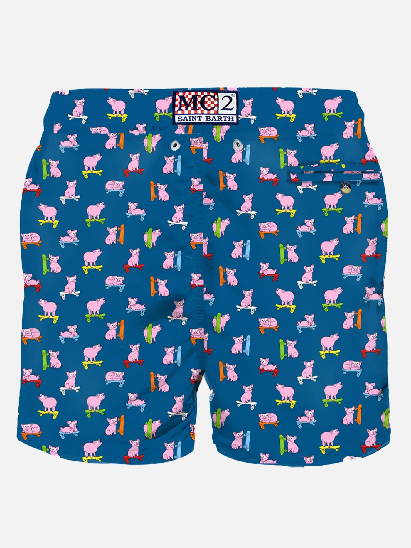 Short de bain classique pour homme, imprimé cochons skateurs multicolores, bleu, séchage rapide, longueur mi-longue, taille élastique, poches avant et arrière | MC2 Saint Barth