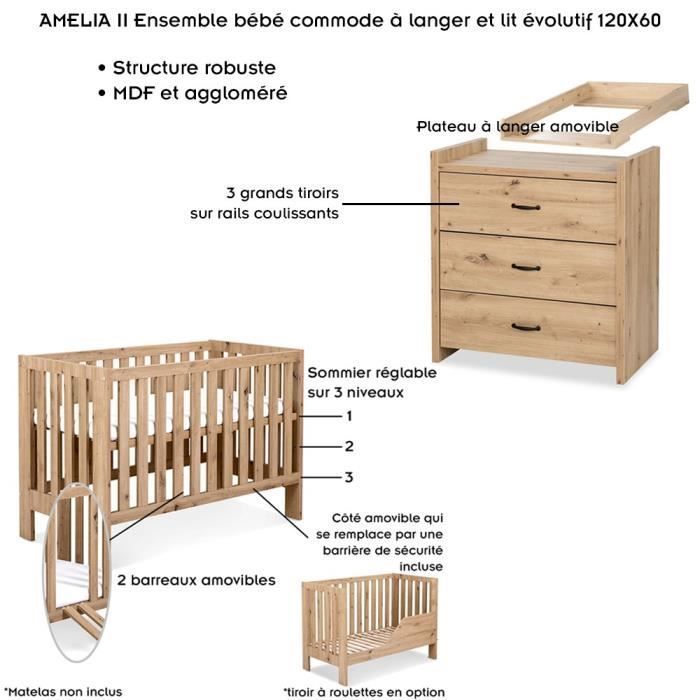 AMELIA II Baby Set: Verschoontafel en ombouwbaar babybedje 120x60cm Eikenhout (Zonder lade)