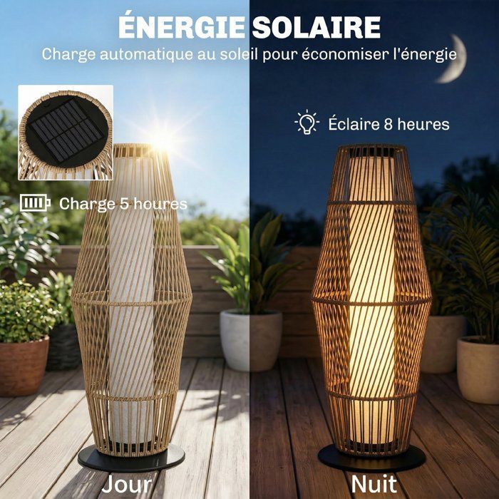 Lanterna solare da esterno - lampada da terra a LED per esterni - Outsunny - sensore di luce - resina intrecciata - 26x26x68cm - sabbia