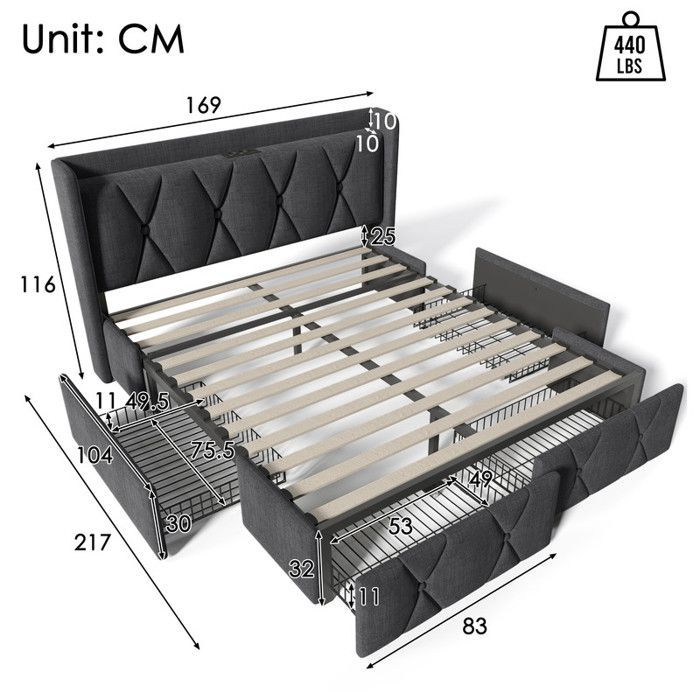 Double bed - Grey - 140x200cm - 4 drawers - USB charging ports - Slatted bed base