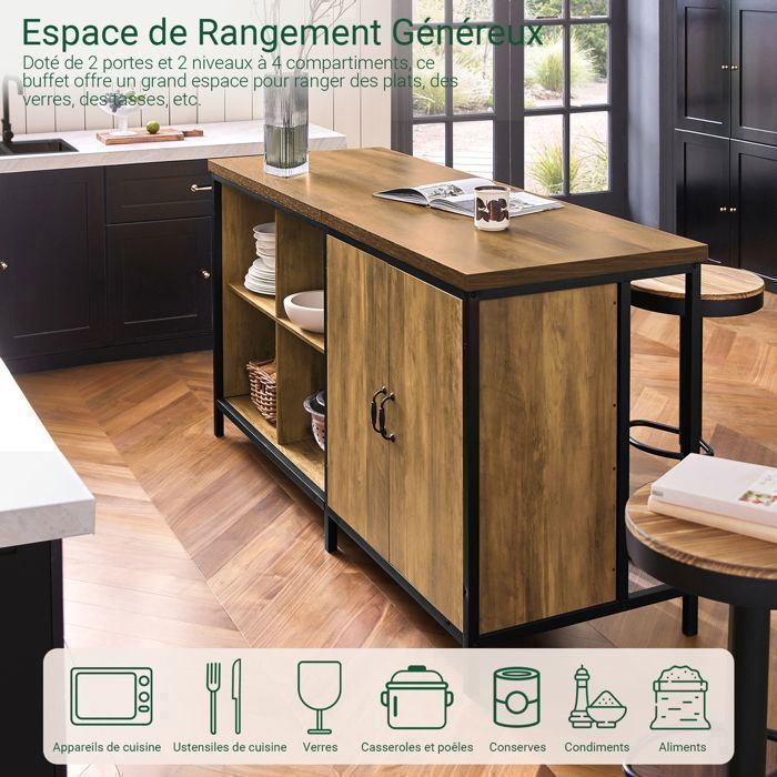 Îlot Central de Cuisine 2 Portes 4 Compartiments Plan de Travail Spacieux Meuble Cuisine Salon Rangement 170x60x89cm MDF et Acier