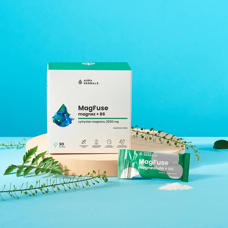 Aura Herbals MagFuse + B6 uztura bagātinātāju paciņas nervu sistēmas pareizai darbībai