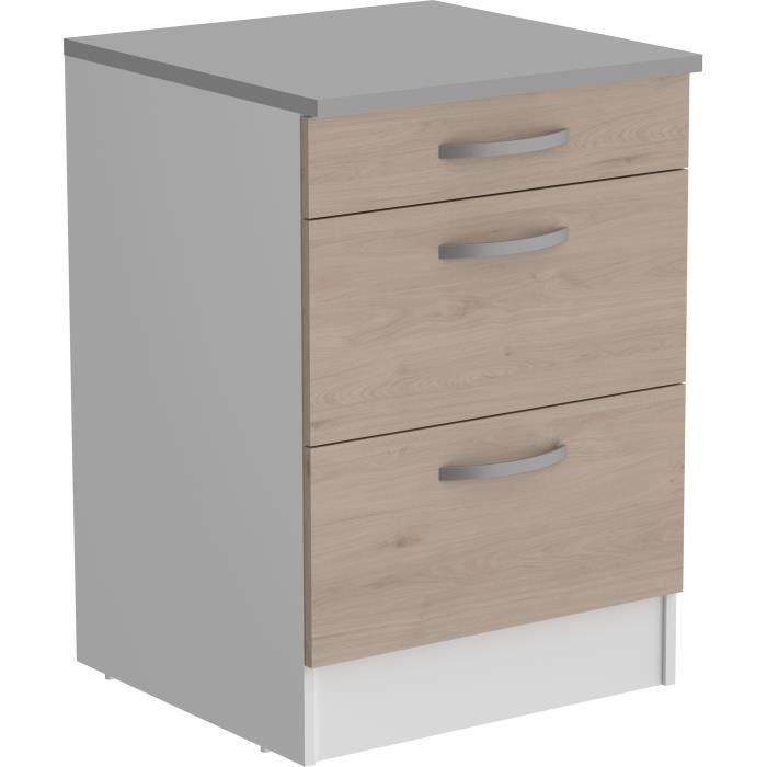 Mobile basso OSLO con 3 cassetti + piano di lavoro - Finitura rovere Jackson - L 60 x P 60 x H 86 cm