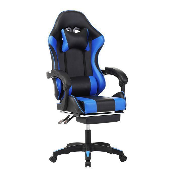 Sedia da gaming - Poggiapiedi telescopico - Poggiatesta - Supporto lombare - Portata massima 150 kg - Blu