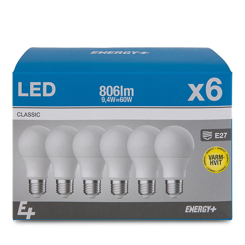 Energy Light LED-pære 806 lm 6-pakning klassisk matt E27 A60 E
