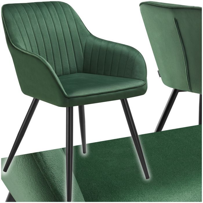 Chaise - TECTAKE - Fauteuil de salle à manger MARYLIN aspect velours avec pieds en acier noir - Vert Foncé