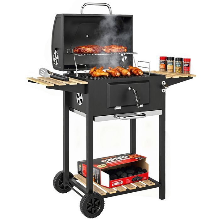 Outsunny Charcoal Barbecue - Height Adjustable - Grill, Lid, Thermometer, Shelves, Wheels, and Bottle Opener - Black