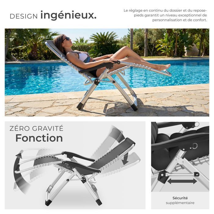 Chaise longue - TECTAKE - Lot de 2 bains de soleil pliables CLOUD réglables en continu en textilène respirant - Gris Clair