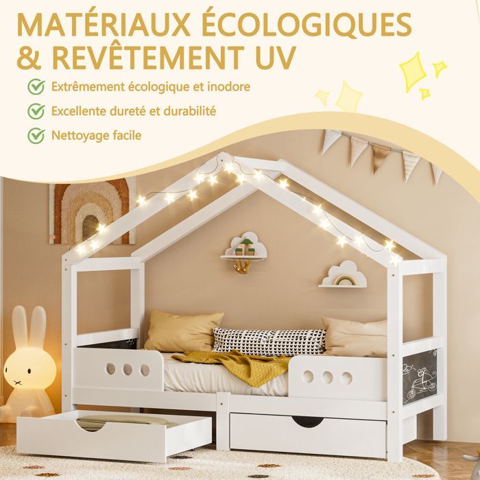 Cama infantil blanca de 90 x 200 cm, cama tipo litera con tablero de dibujo, 2 amplios cajones de almacenamiento y diseño de techo - Madera maciza + MDF