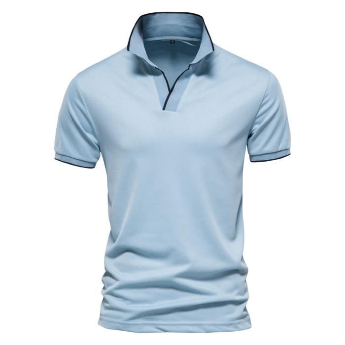 Men's Polo Shirt - Classic Top - V-Neck - Short Sleeves - Blue - Anti-Pilling