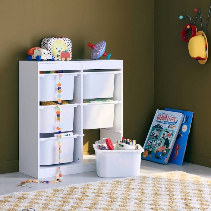 Organizador infantil. Branco. 6 caixas plásticas para guardar objetos.