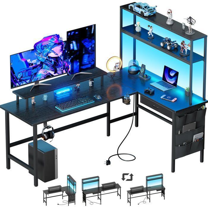 Scrivania angolare con contenitore - Scrivania a L - HLONONE - 150 cm - Giochi LED - Scatole e borse portaoggetti - Nero