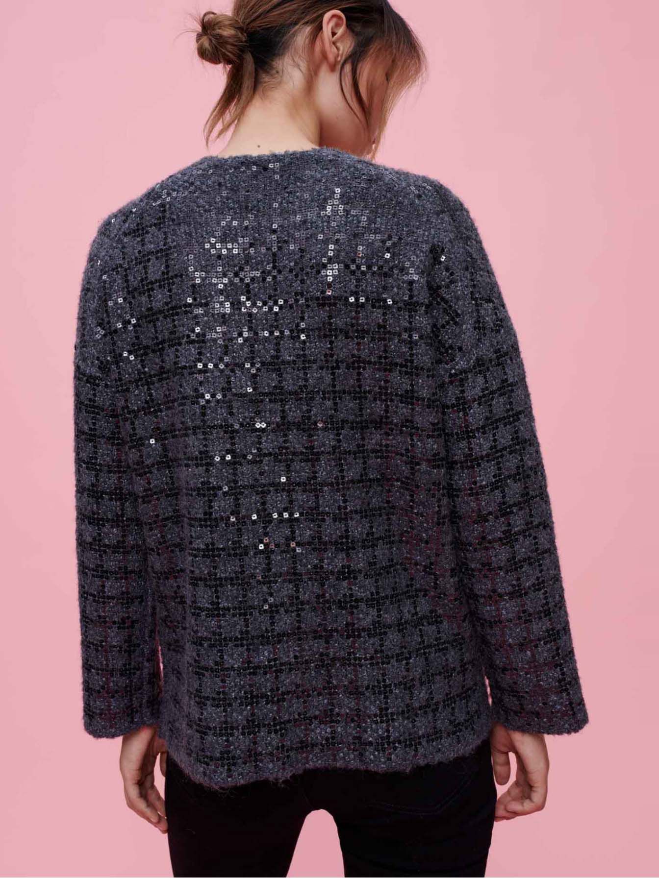 Gebreid vest met pailletten en tweed-effect - Grijs